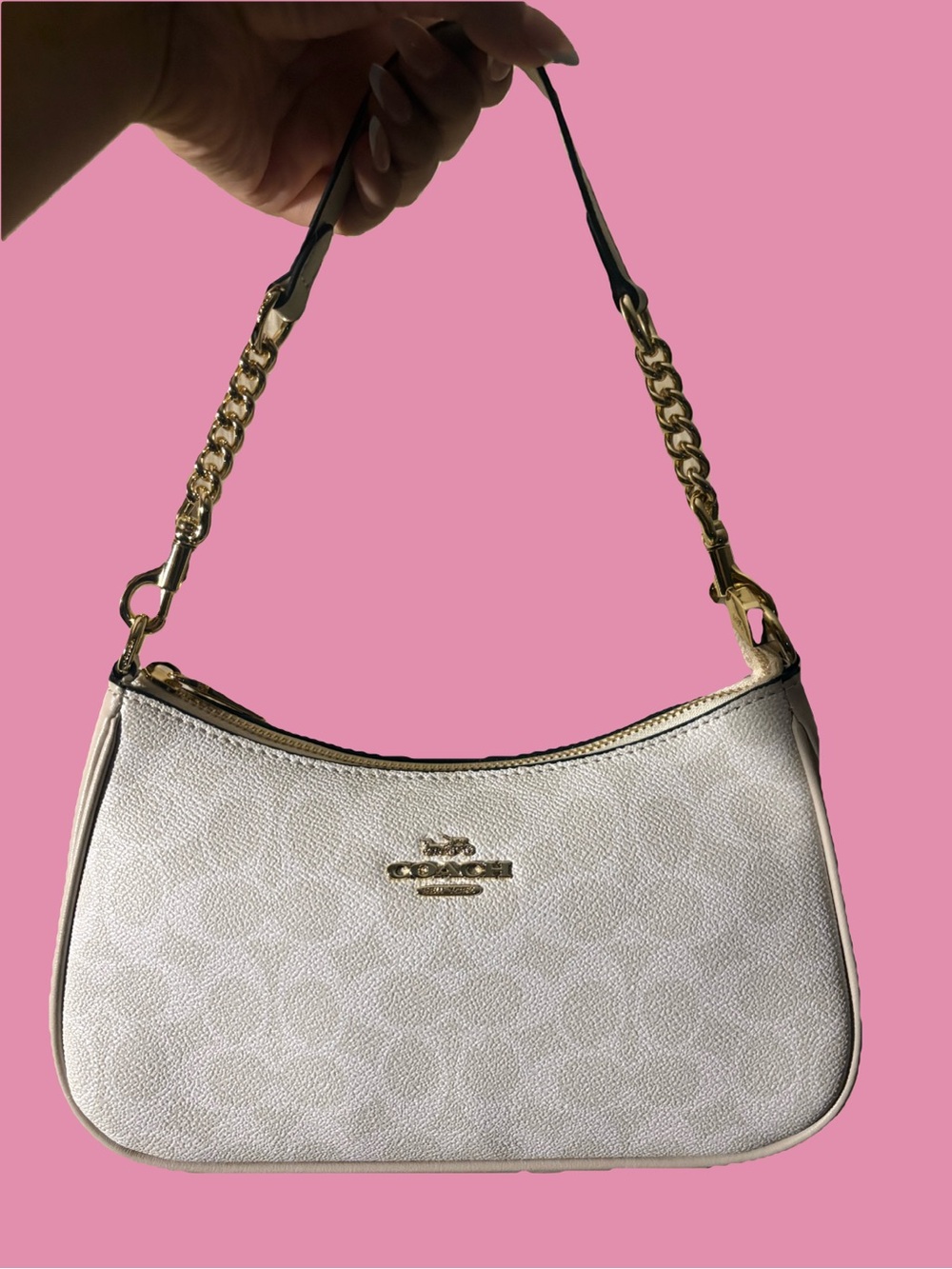 Coach White Signature Mini Shoulder Bag with Gold Chain